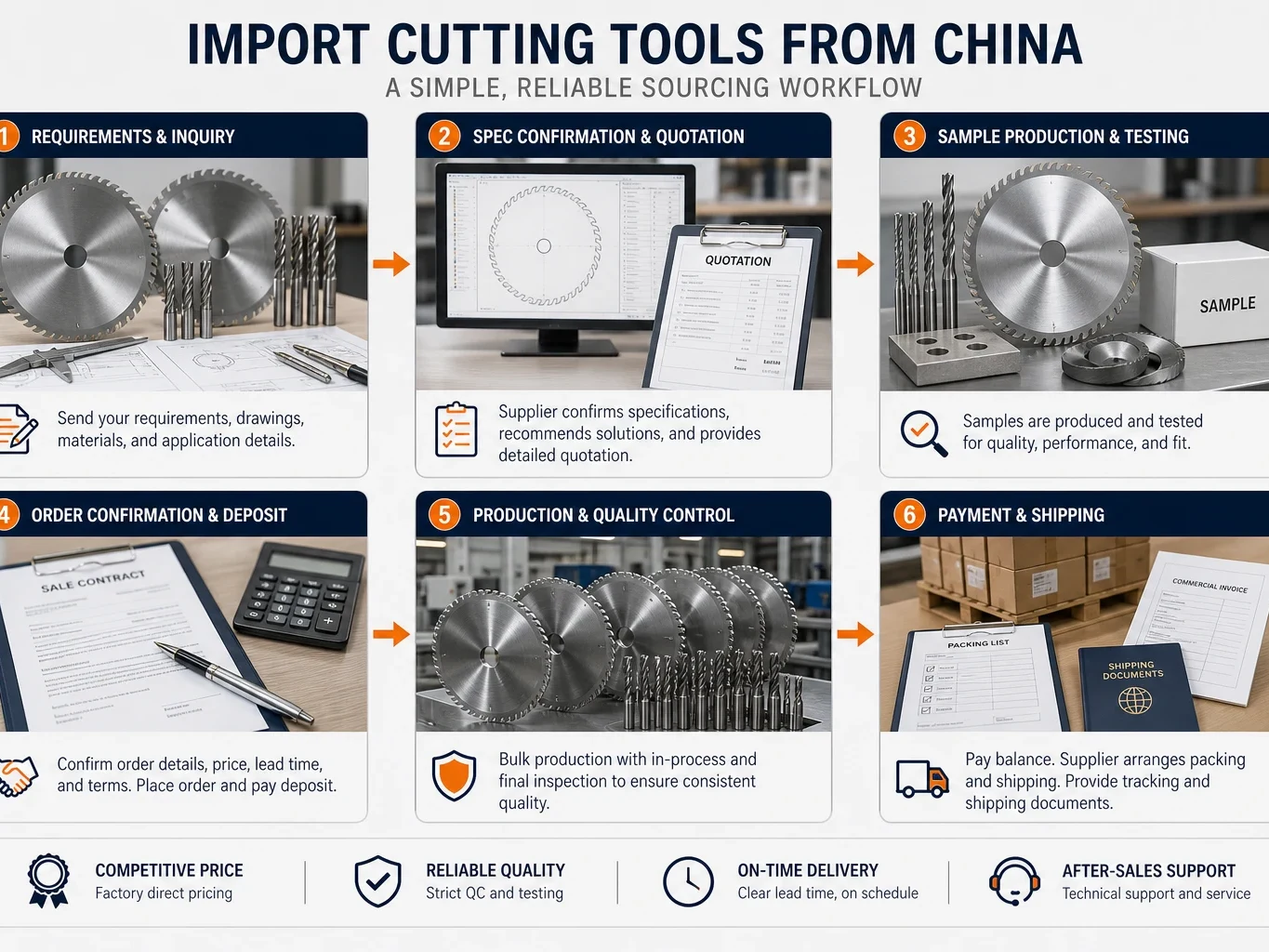 Import cutting tools from China sourcing flow from specification confirmation quotation sample testing bulk order and shipping documents