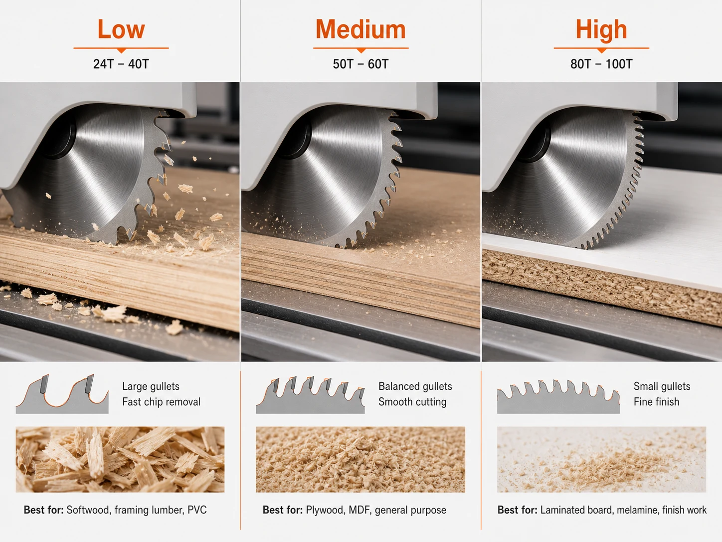 Low medium and high tooth count circular saw blades cutting softwood plywood MDF and laminated board
