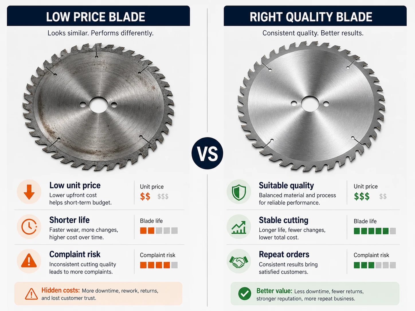 Low price saw blade versus right quality saw blade comparison for cutting life complaints and repeat orders