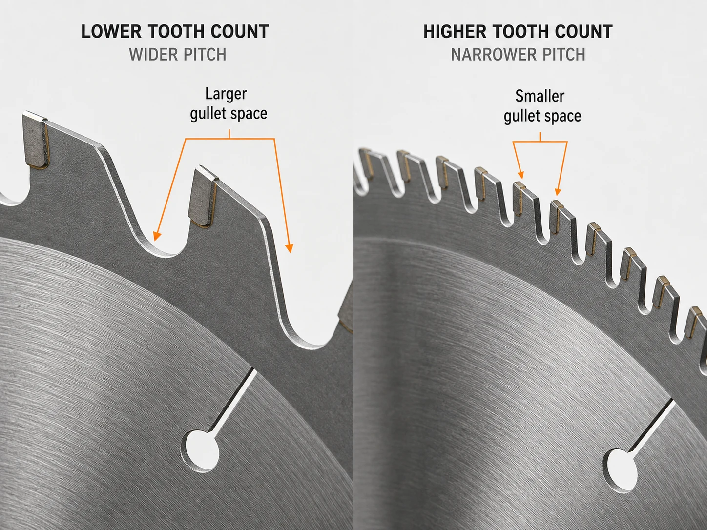 Lower tooth count and higher tooth count circular saw blade gullet space comparison