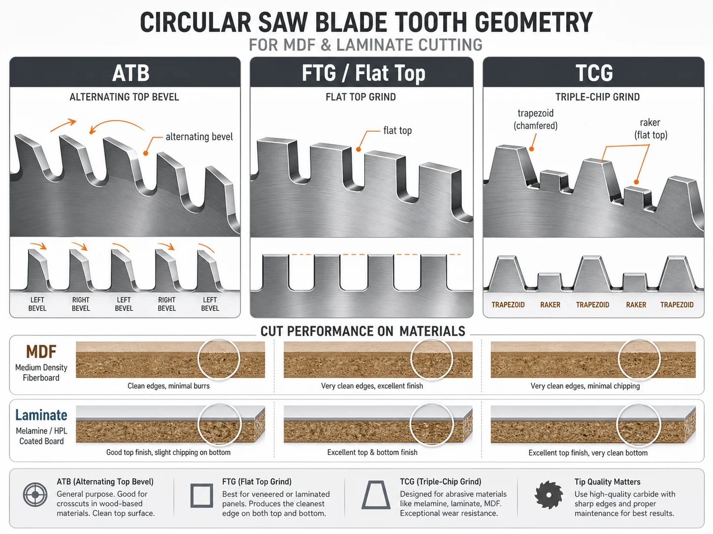 Infographic showing ATB TCG and fine tooth geometry for MDF plywood and laminated board cutting