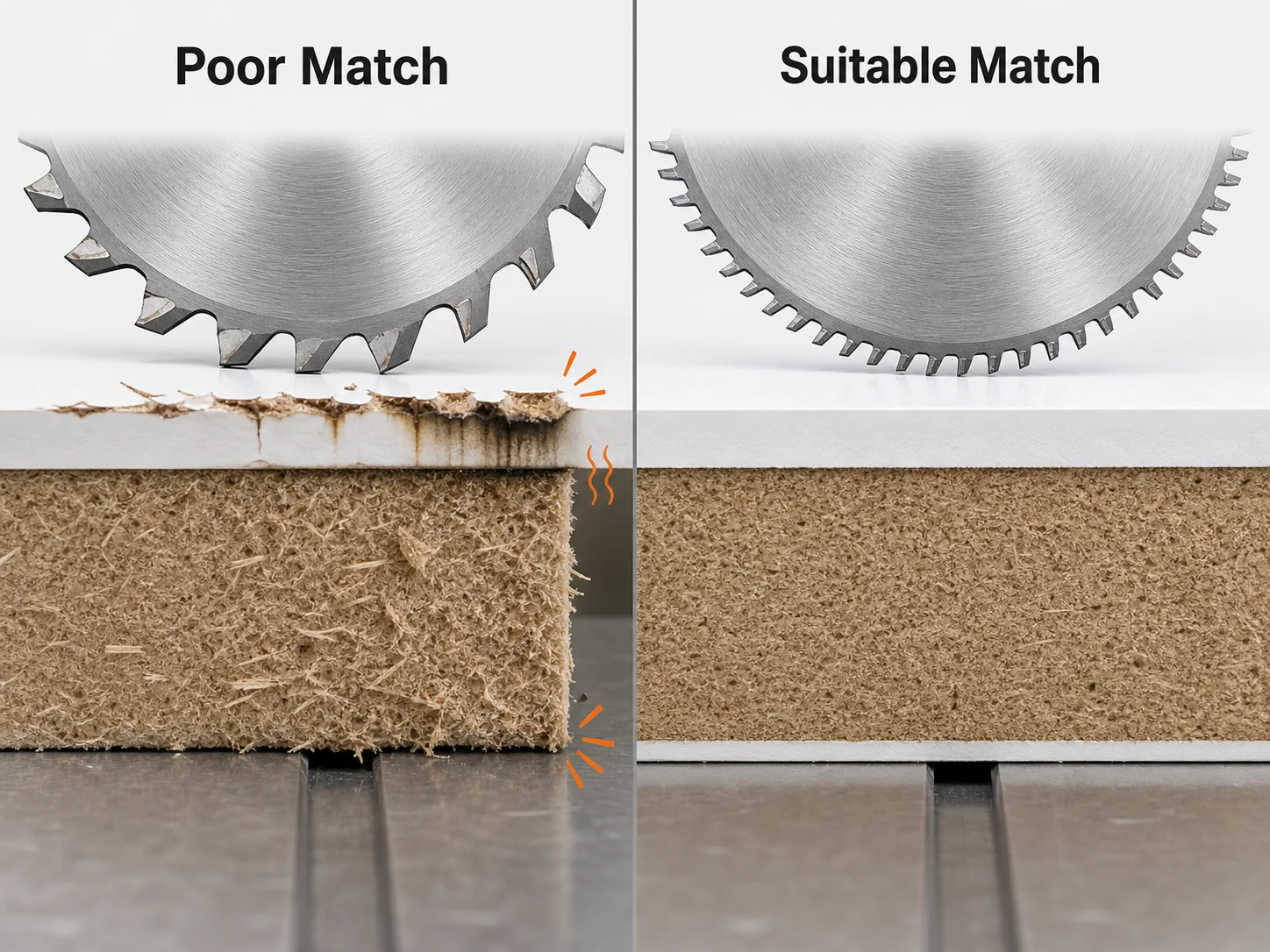 Comparison of chipped laminated board edge and clean edge cut by suitable TCT saw blade