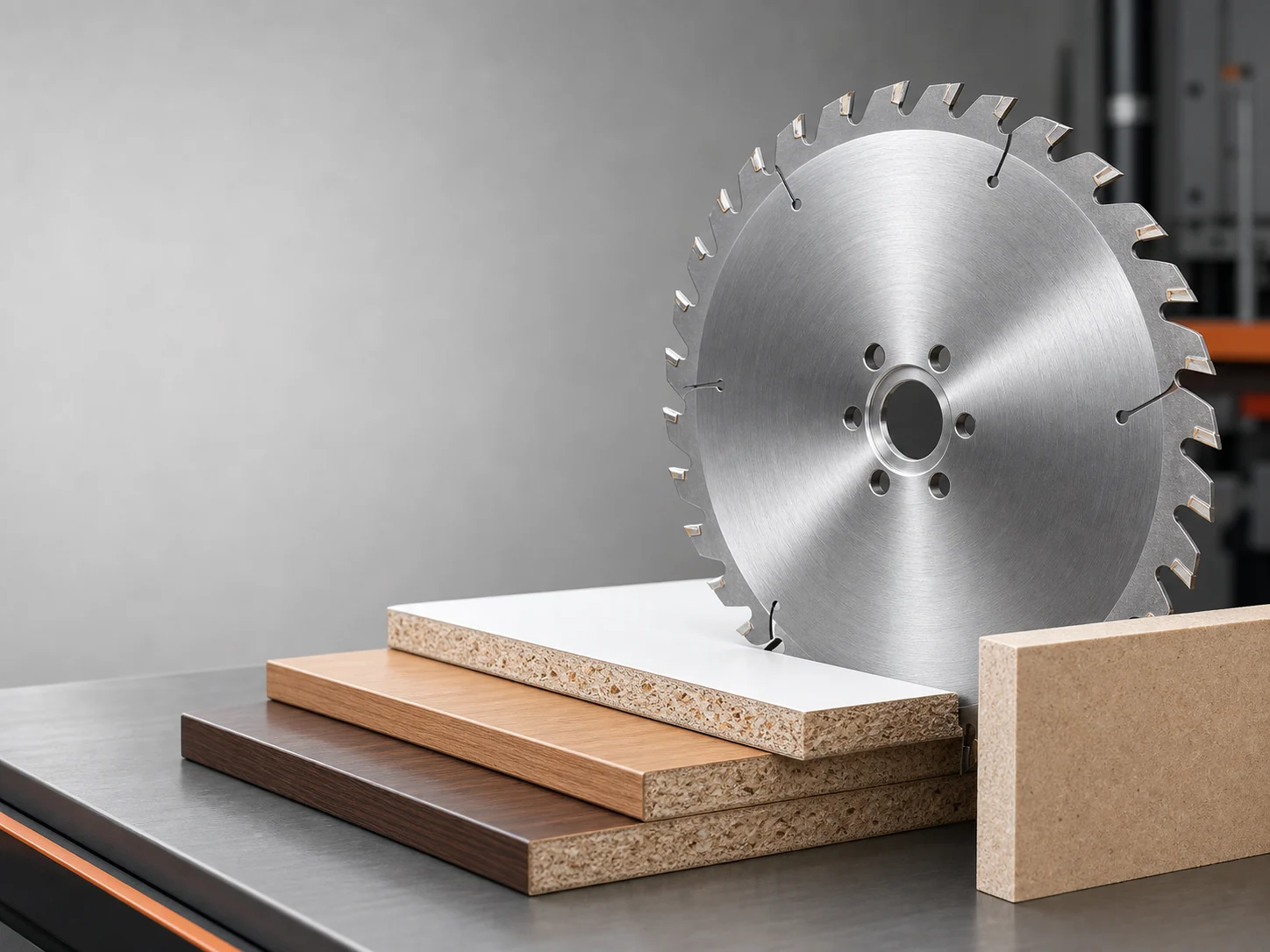 TCT circular saw blade beside MDF melamine laminated board and furniture panel samples