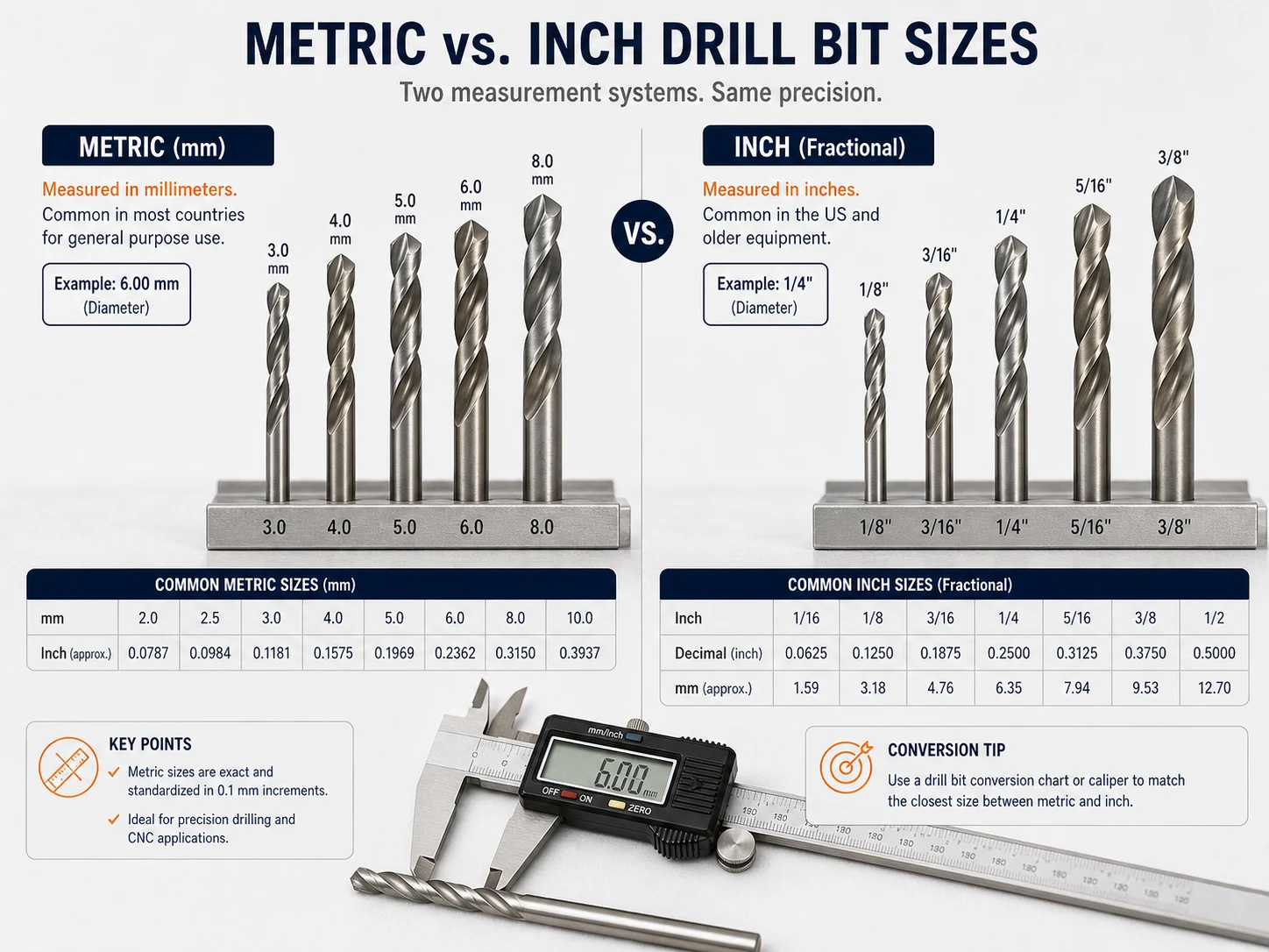 Metric and inch drill bit size comparison with caliper and conversion chart