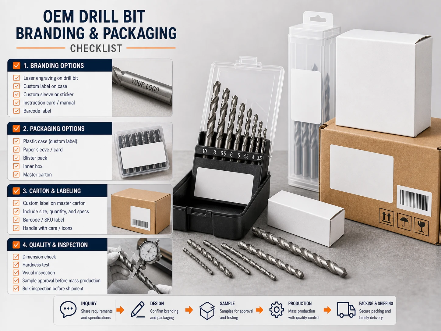 OEM drill bit branding packaging checklist with blank label carton barcode area and quality inspection checklist
