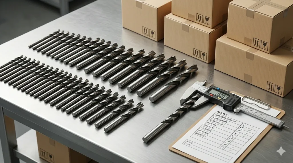 Unbranded OEM drill bits on quality inspection table with caliper and export boxes