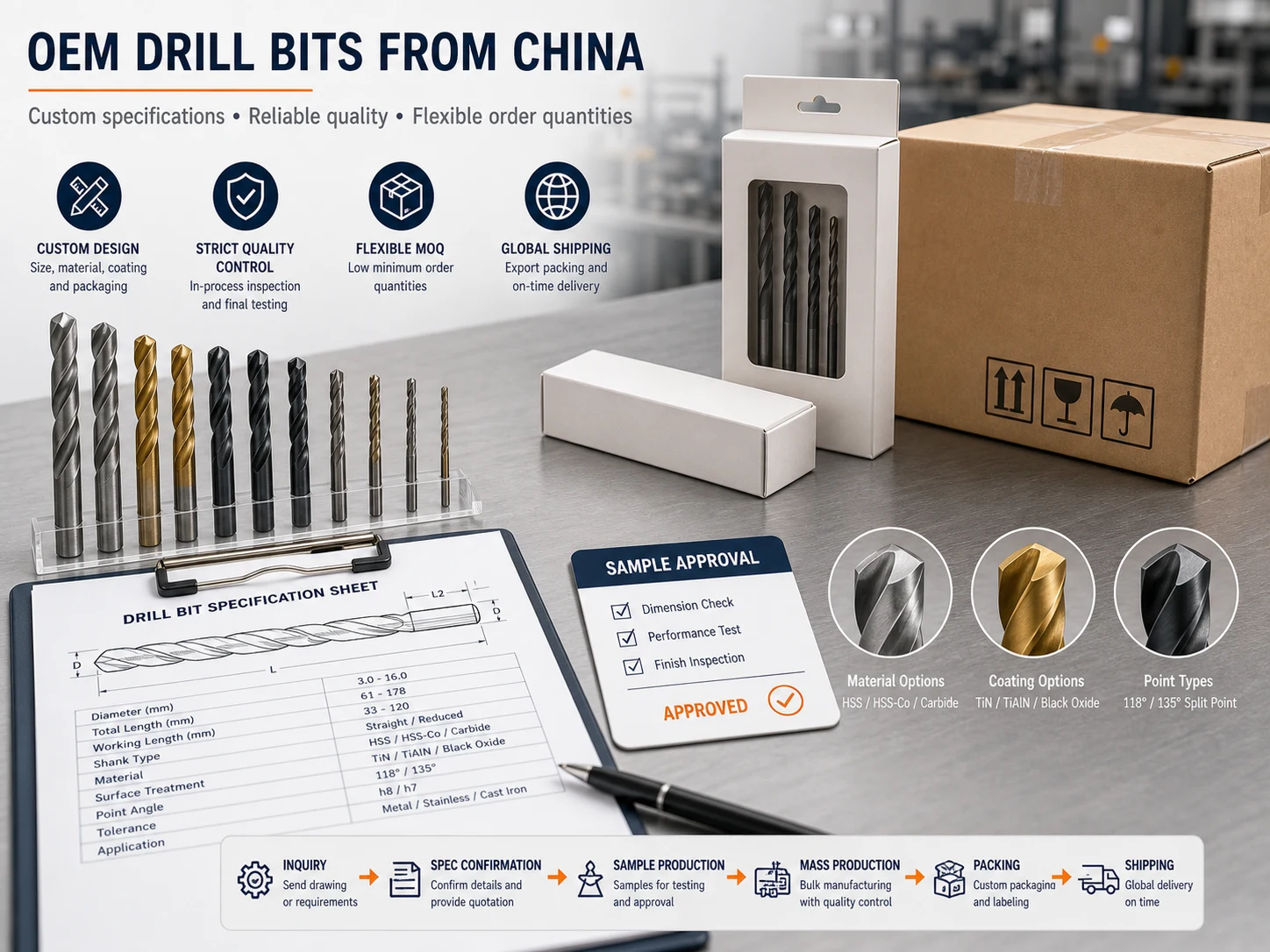 OEM drill bits China sourcing process with specification sheet sample approval blank packaging and carton