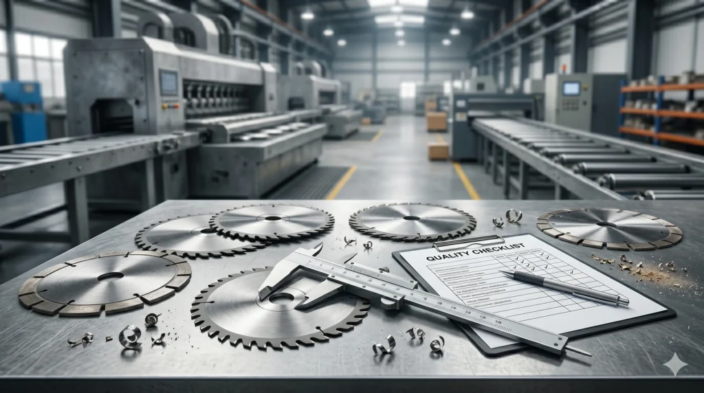 Saw blades on quality inspection table with caliper checklist and factory equipment background