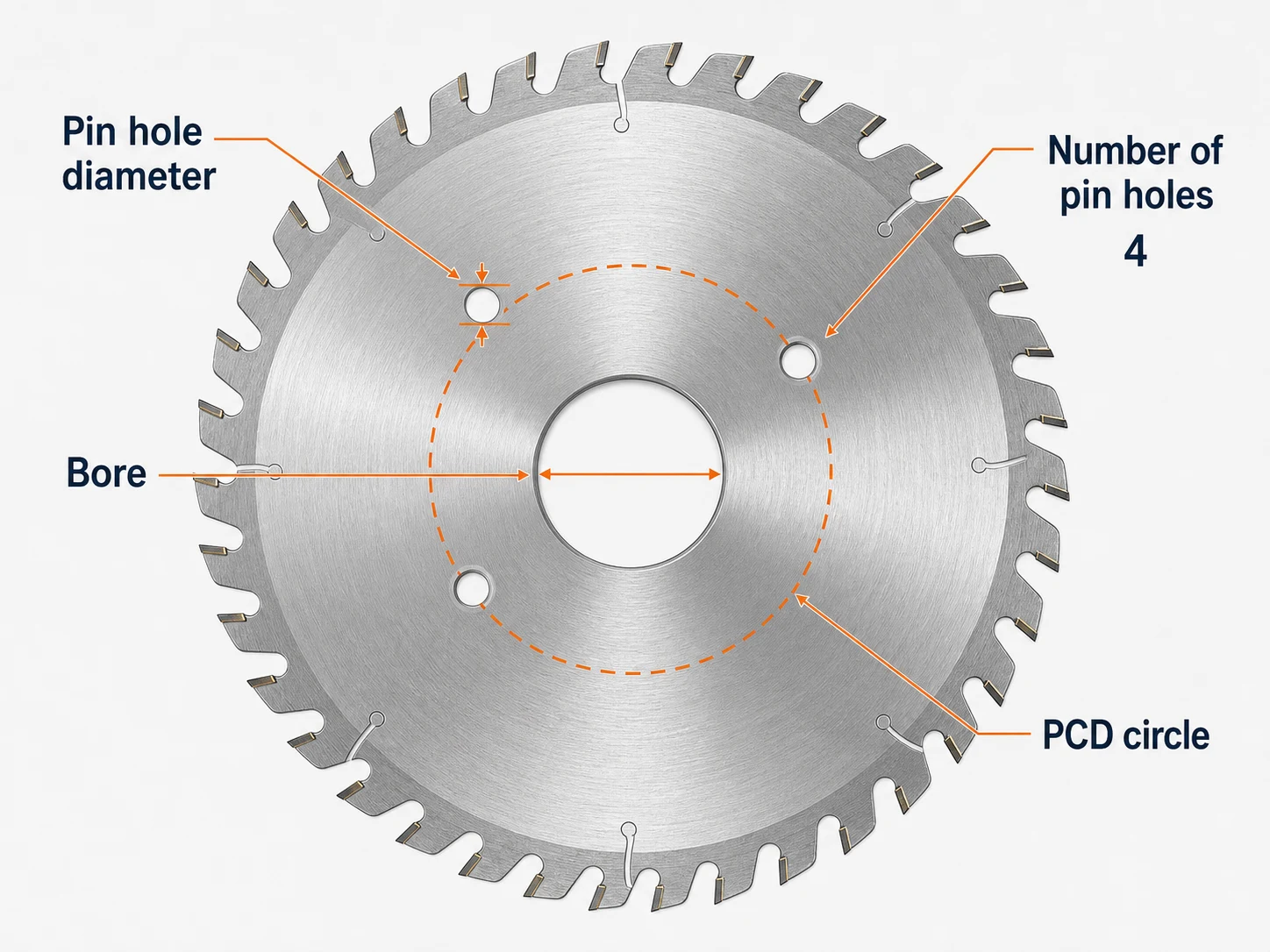 Saw blade center bore pin holes and PCD diagram with engineering callouts