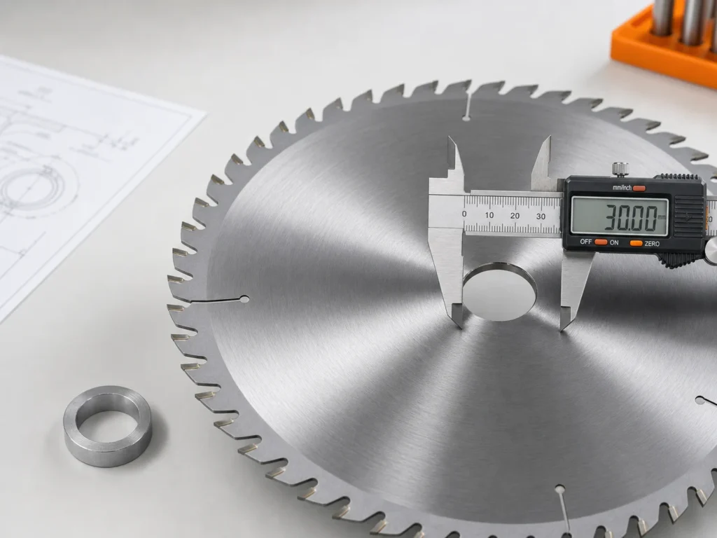 Saw blade bore size guide with caliper measuring circular saw blade center hole