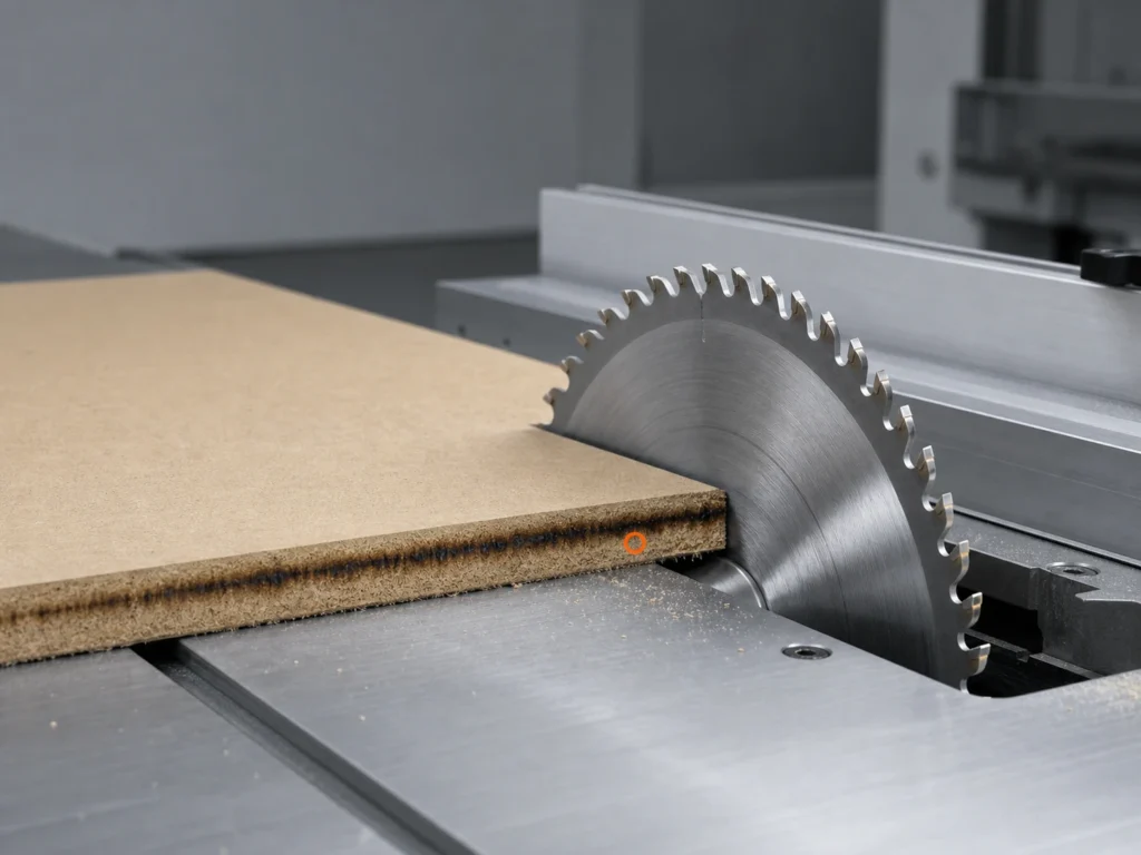 Circular saw blade cutting MDF with burn marks while teeth still look sharp