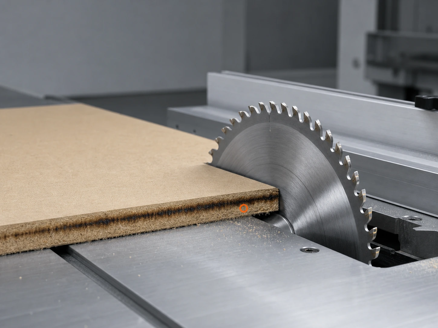 Circular saw blade cutting MDF with burn marks while teeth still look sharp