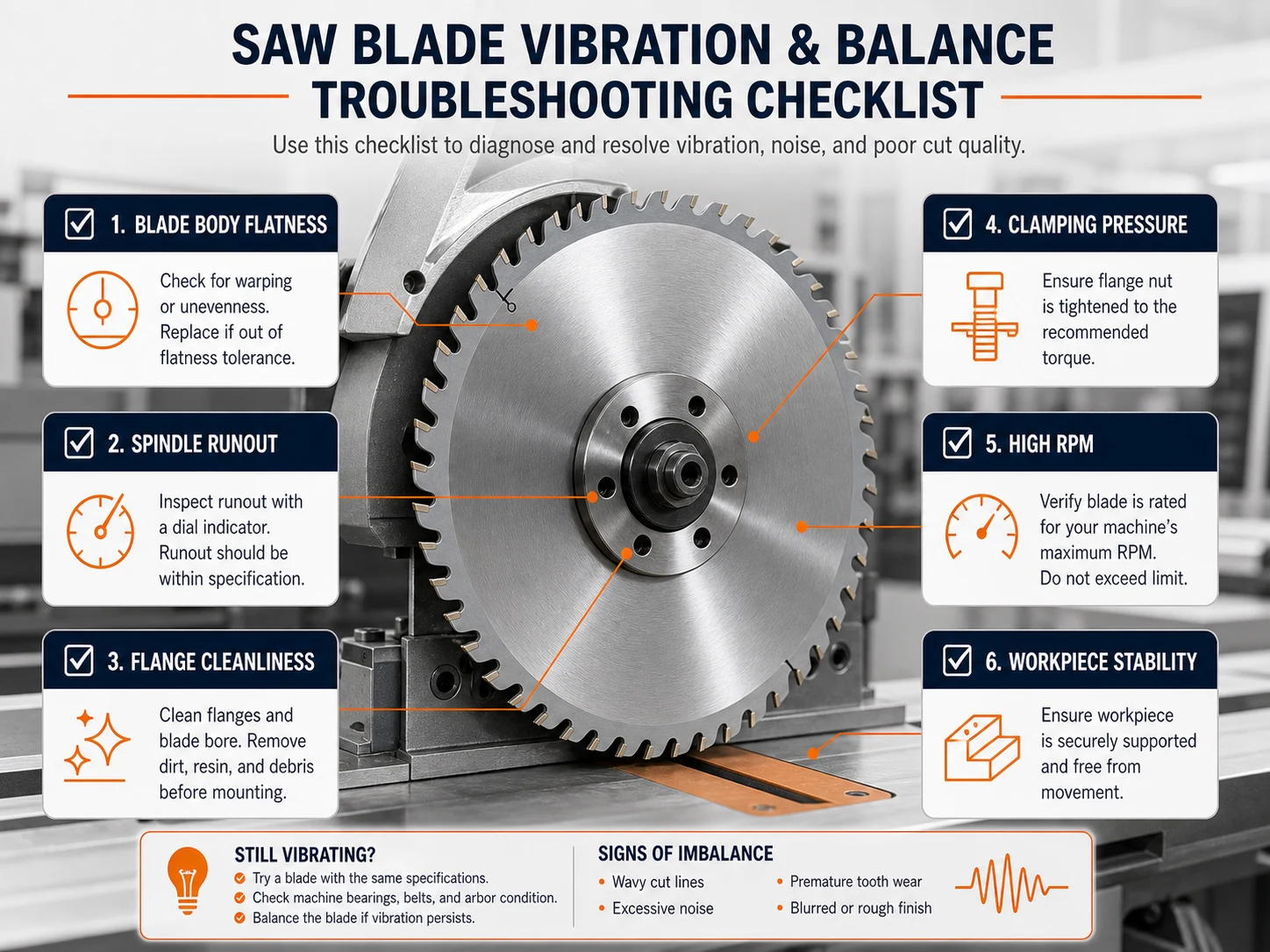 Checklist for diagnosing saw blade vibration dynamic balance spindle runout flange cleanliness clamping pressure high RPM and workpiece stability