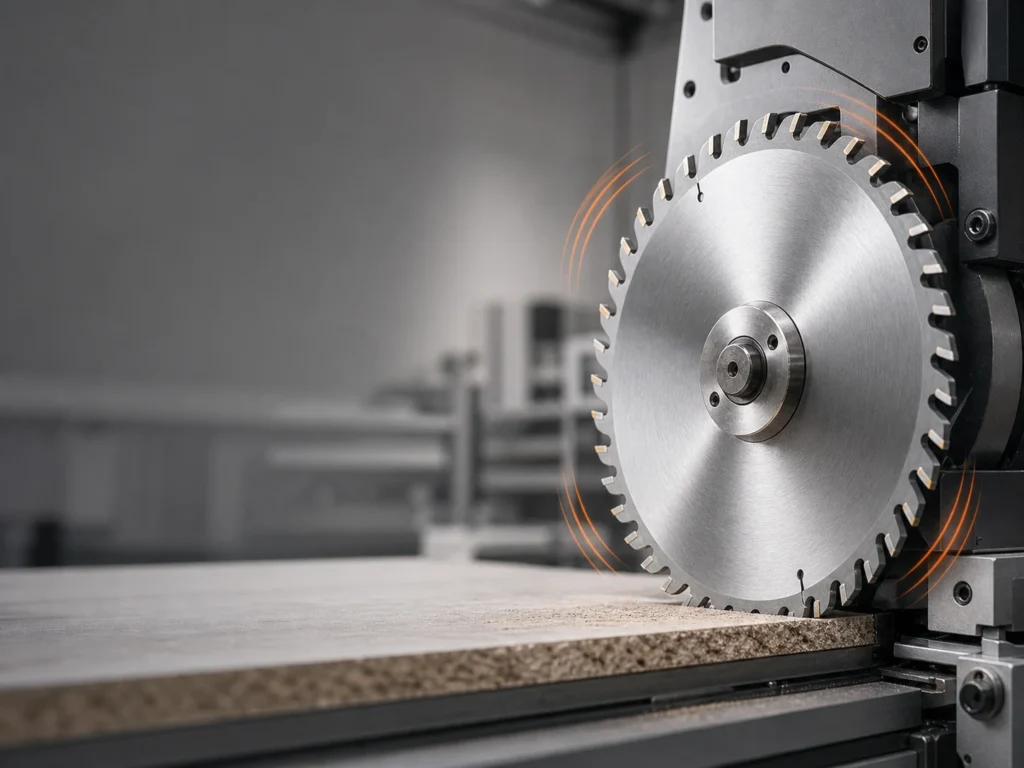 Circular saw blade mounted on machine spindle with subtle vibration waves and rough cut surface
