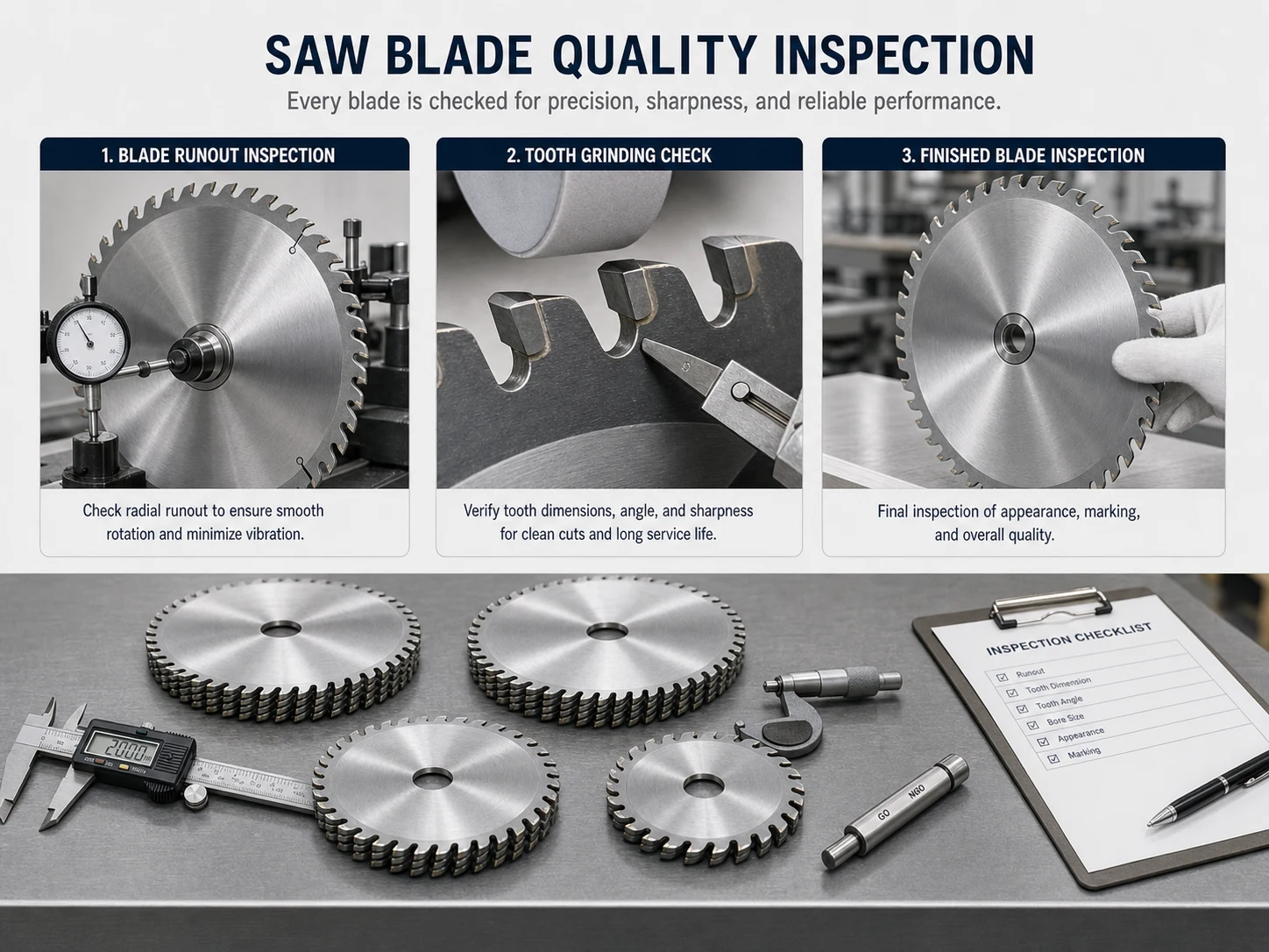 Saw blade factory quality inspection with runout inspection tooth grinding check and finished blades on inspection table