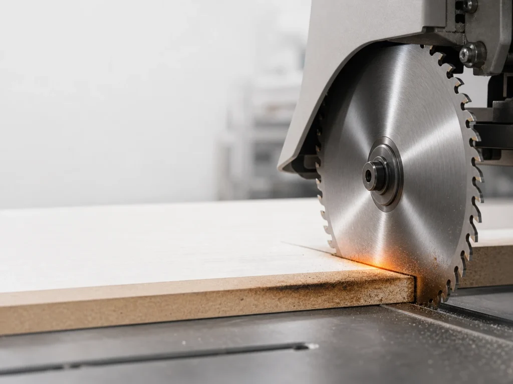 Circular saw blade cutting MDF board with slight burn marks and resin dust buildup