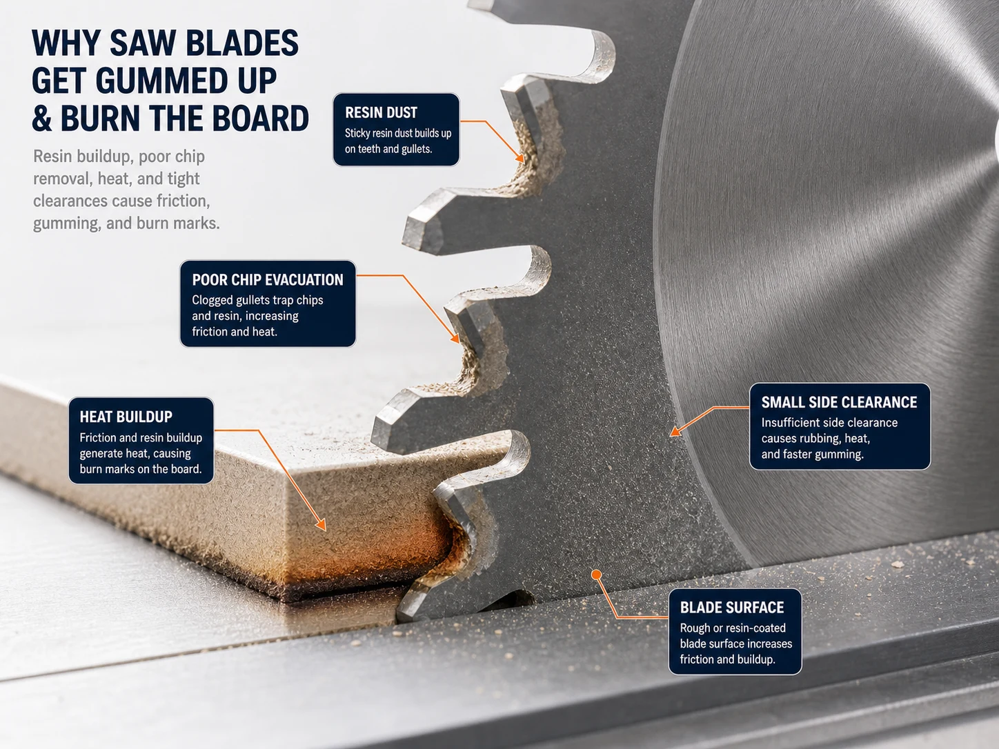 Technical diagram showing resin dust poor chip evacuation heat buildup side clearance and blade surface causing saw blade gumming