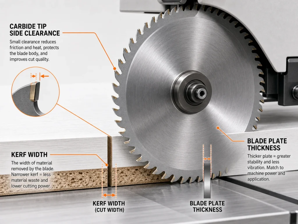 Saw blade tooth count kerf plate thickness diagram with carbide tip side clearance