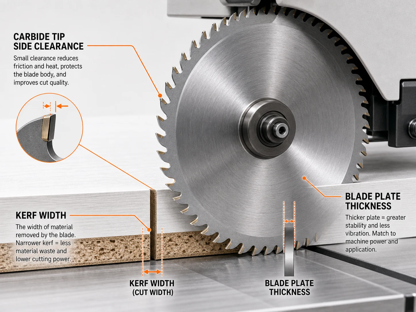 Saw blade tooth count kerf plate thickness diagram with carbide tip side clearance