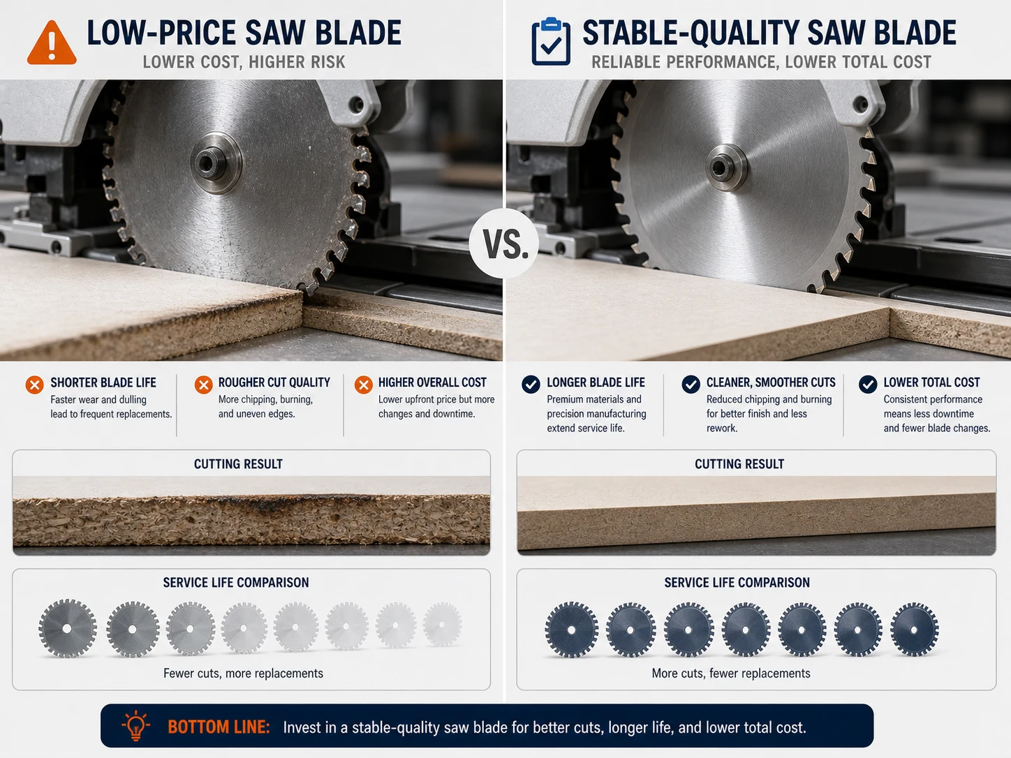 Low price saw blade versus stable quality saw blade comparison for service life and cut quality