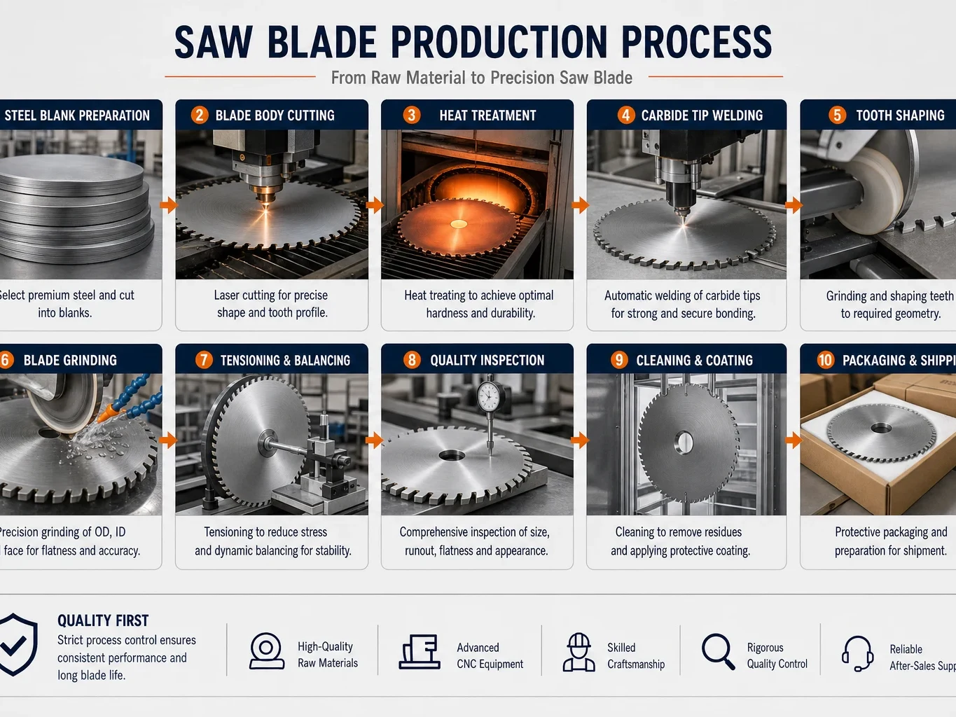 Saw blade manufacturer China production flow from blade body cutting carbide tip welding grinding inspection and packaging