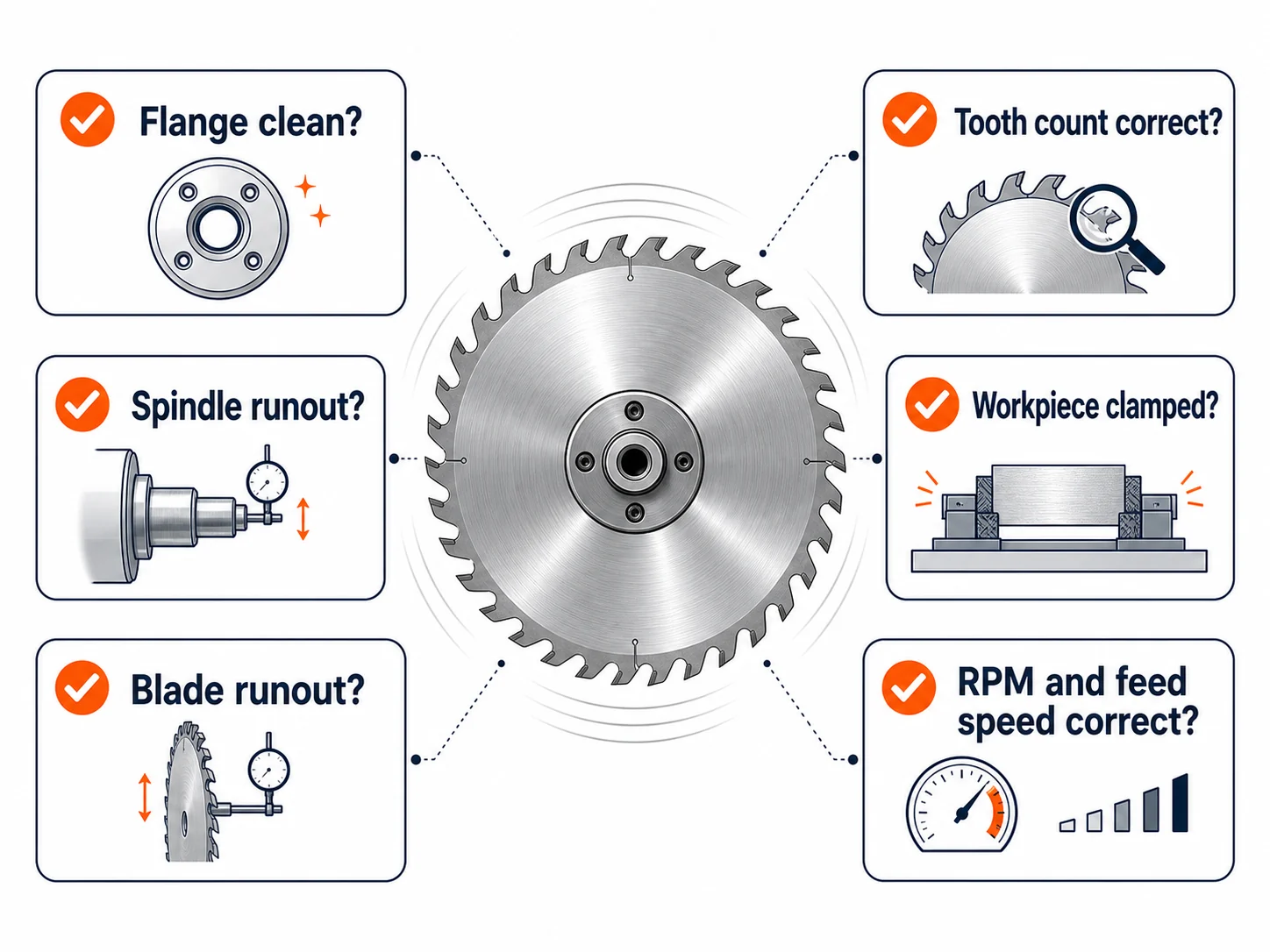 Checklist infographic for diagnosing saw blade noise and vibration including flange spindle runout blade runout tooth count clamping RPM and feed speed