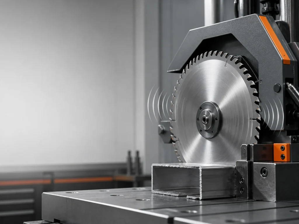 Circular saw blade mounted on an industrial cutting machine showing vibration lines and a rough cut surface