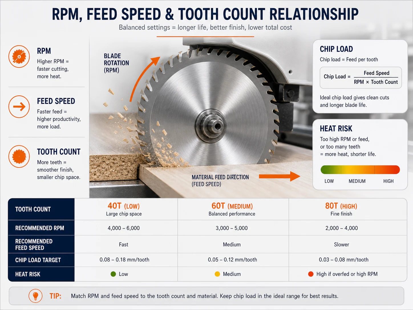 Circular saw blade RPM feed speed tooth count chip load and heat risk relationship