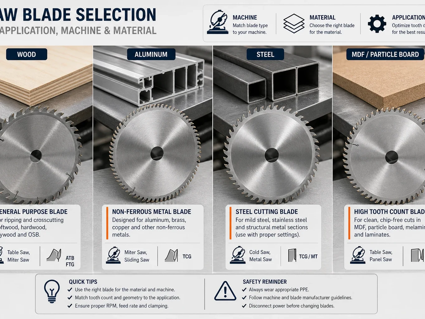 Saw blade selection by application machine and material including wood aluminum steel tube and MDF
