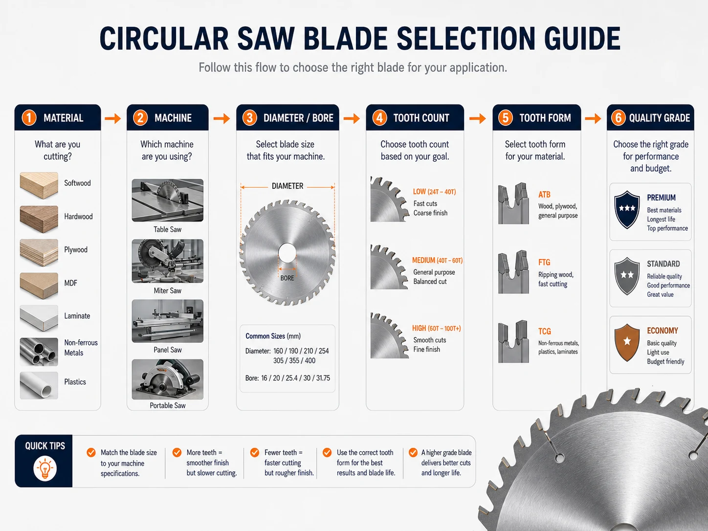 Circular saw blade selection flow by material machine diameter bore tooth count tooth form and quality grade