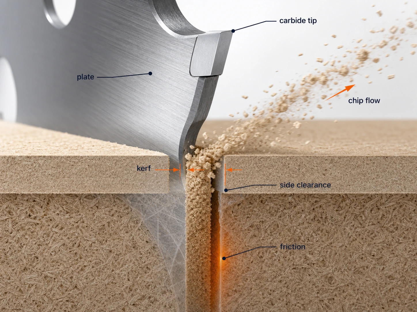 Saw blade side clearance and chip evacuation cross section diagram