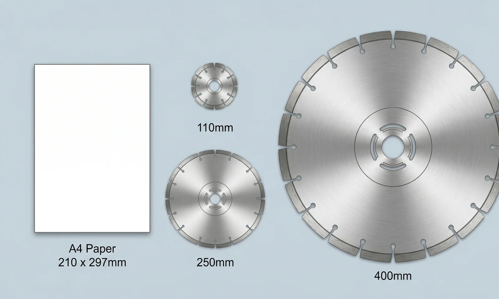 Saw blade diameter comparison using A4 paper with 110mm 250mm and 400mm blades