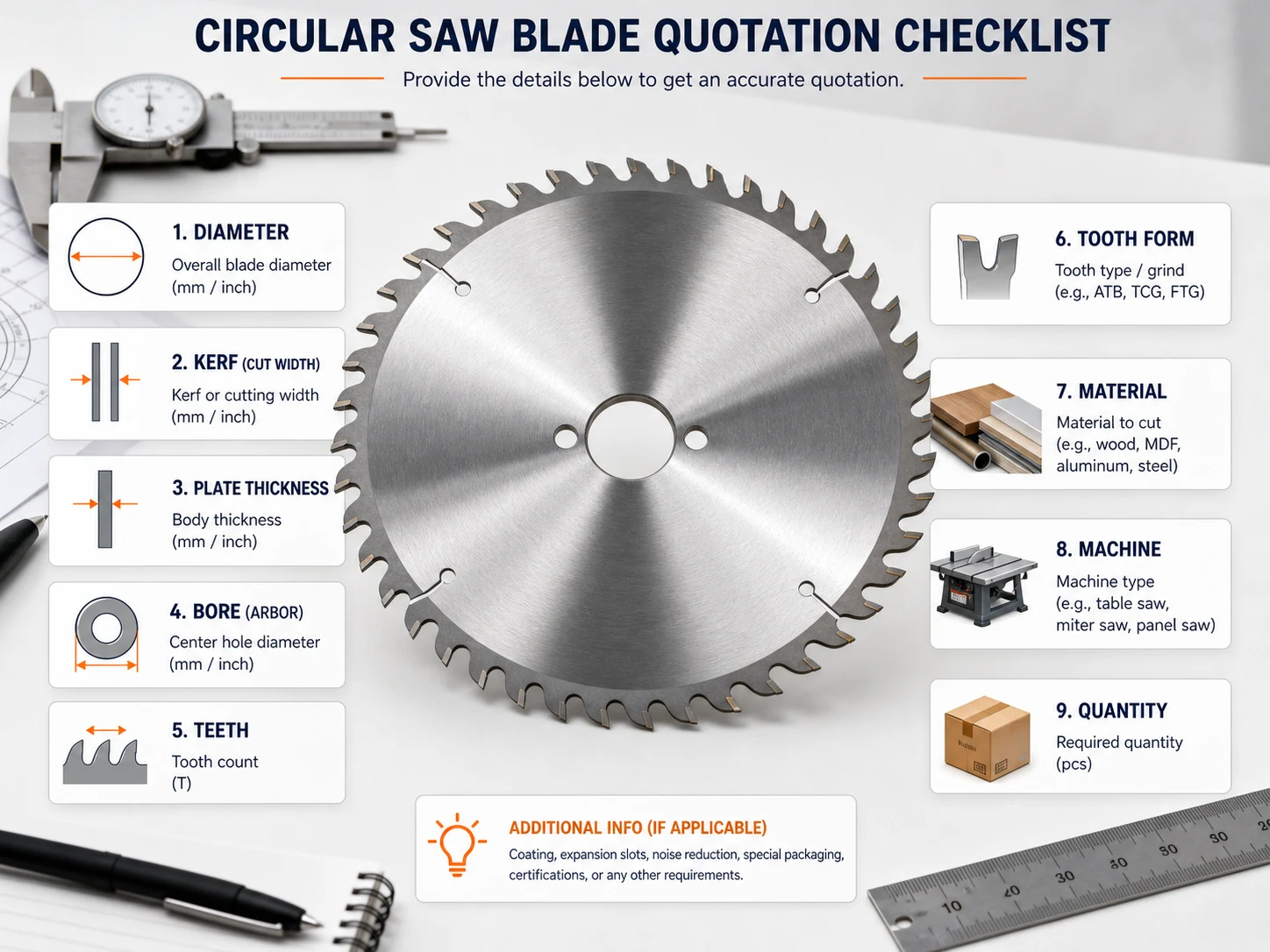 Saw blade specifications before quote checklist for diameter kerf plate thickness bore teeth tooth form material machine and quantity