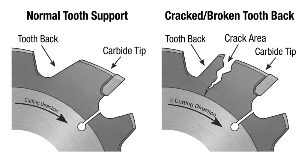 Saw blade tooth back breakage diagram comparing normal tooth support and cracked tooth back