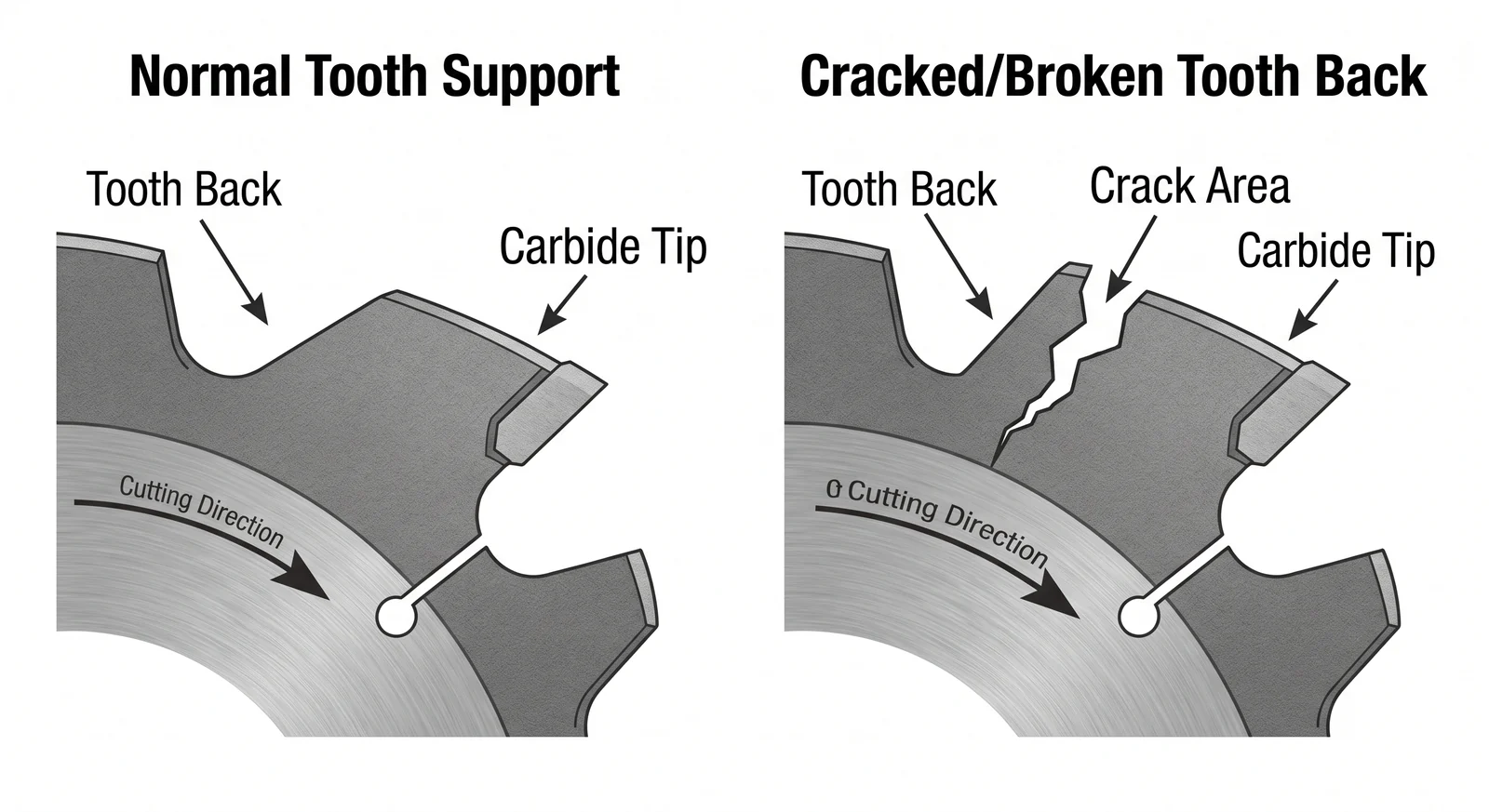 Saw blade tooth back breakage diagram comparing normal tooth support and cracked tooth back