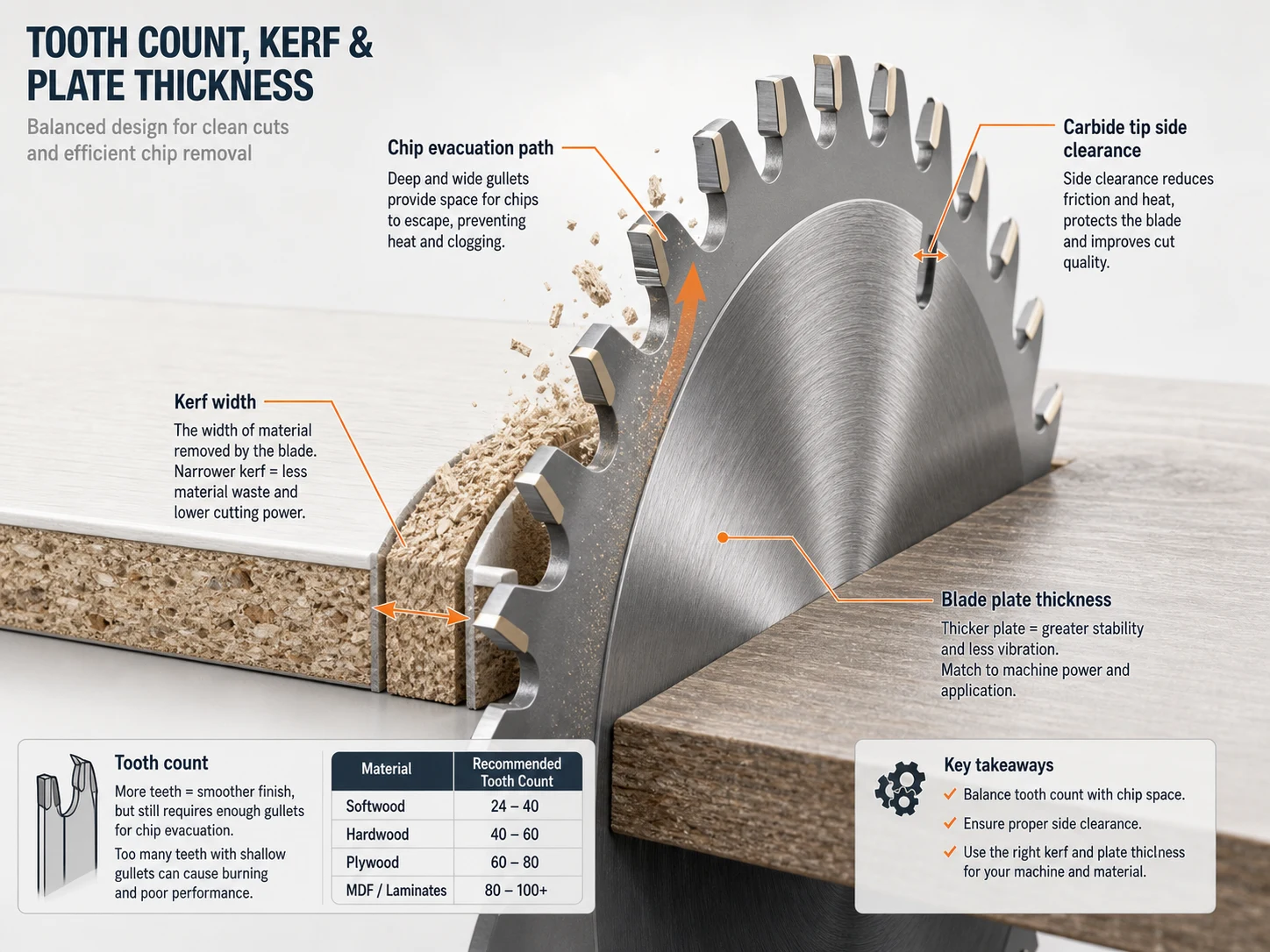 Infographic showing saw blade tooth count kerf plate thickness side clearance and chip evacuation