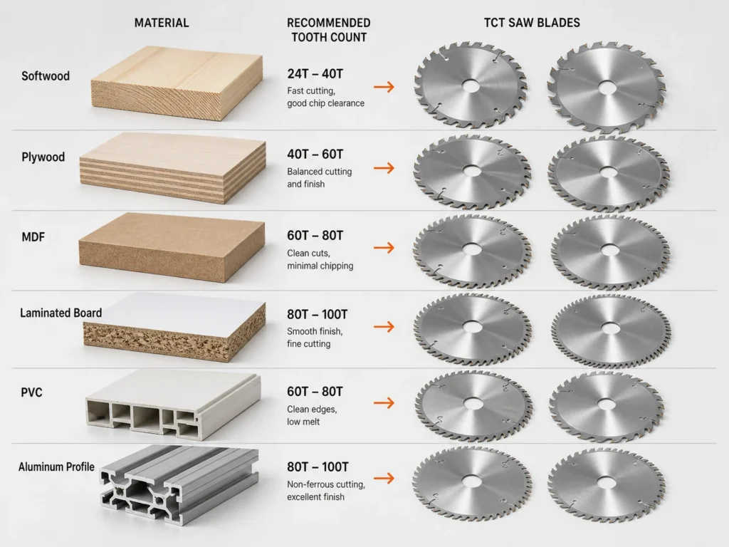 Saw blade tooth count for different materials including softwood plywood MDF laminated board PVC and aluminum