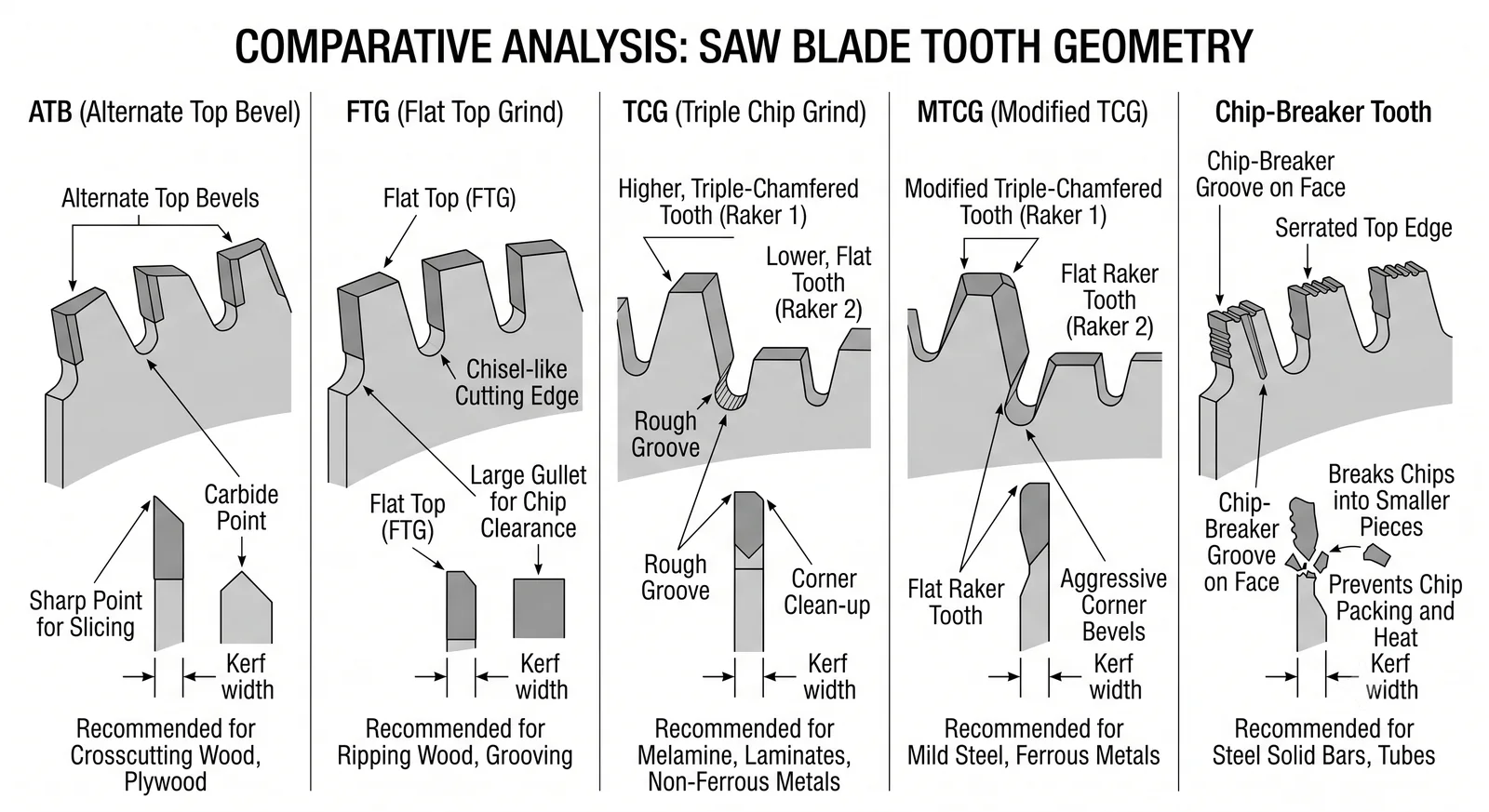 Saw blade tooth geometry comparison including ATB FTG TCG MTCG and chip breaker tooth forms