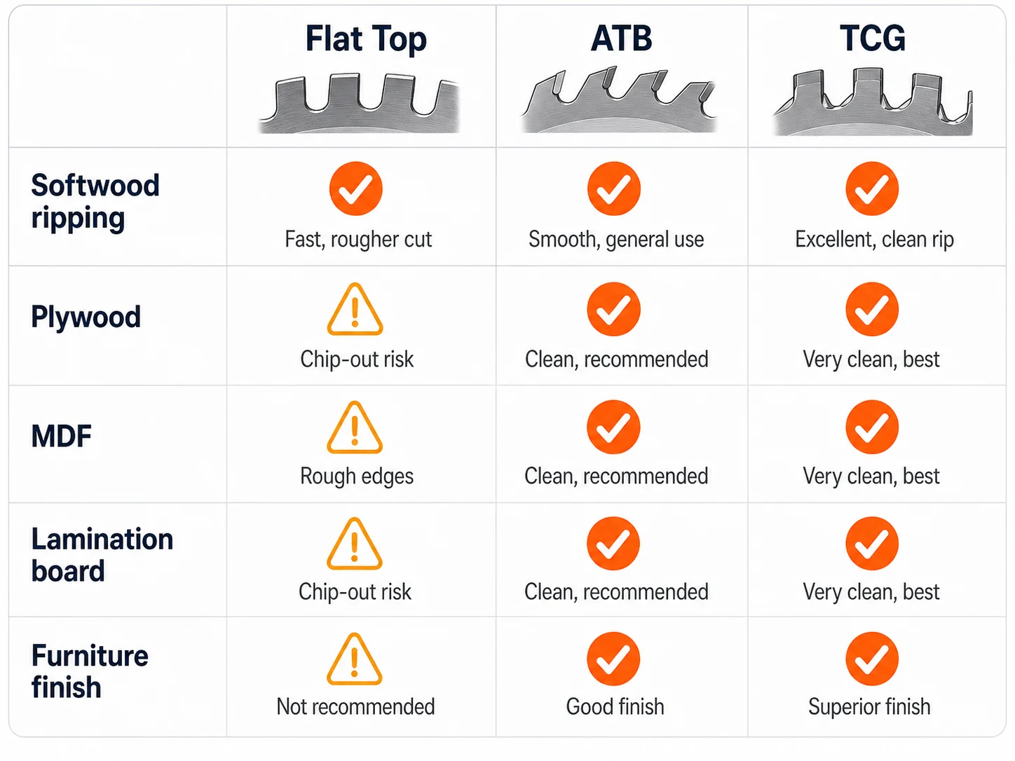 Application matrix for Flat Top ATB and TCG saw blade tooth forms