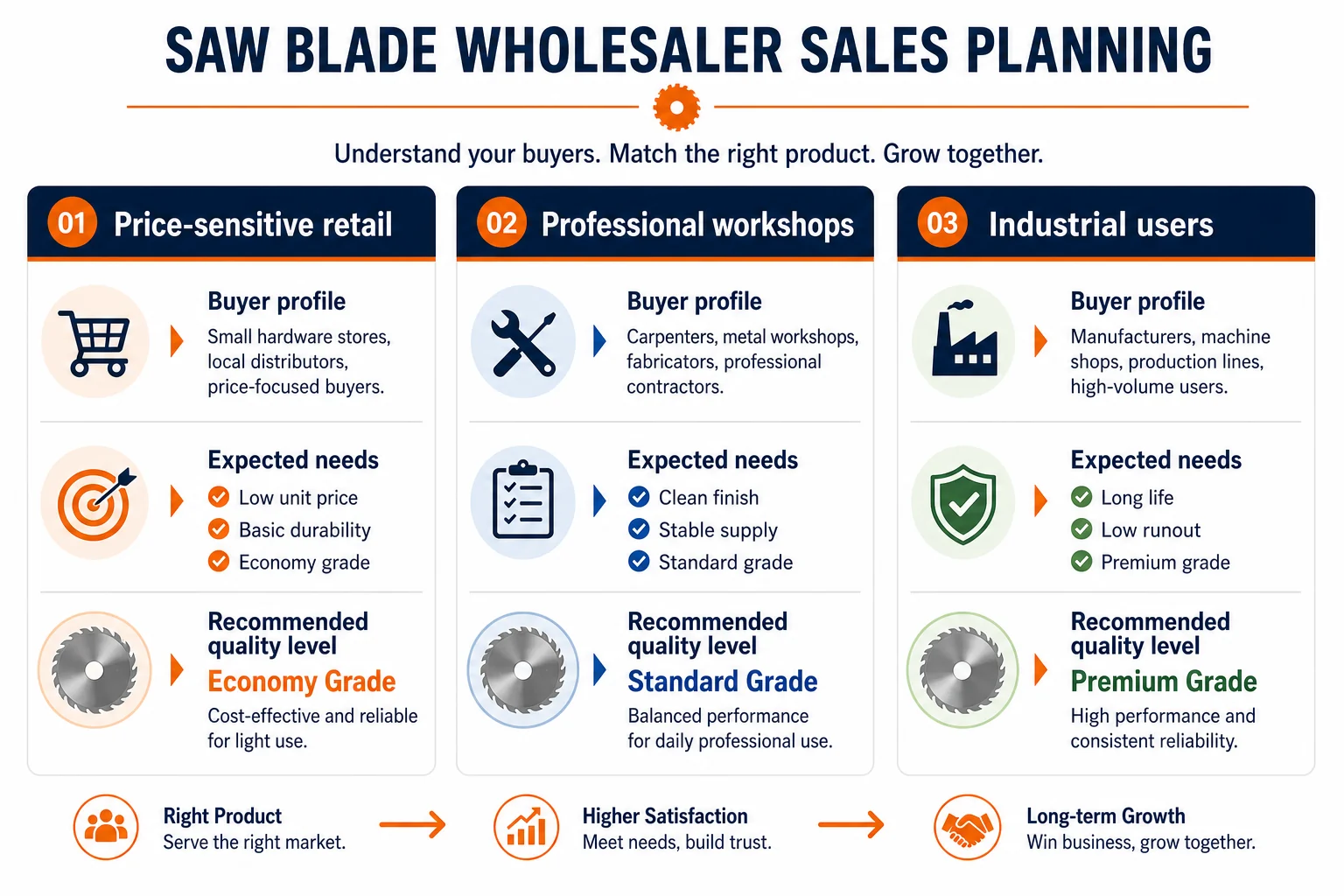Infographic showing saw blade buyer segments price sensitive retail workshops and industrial users