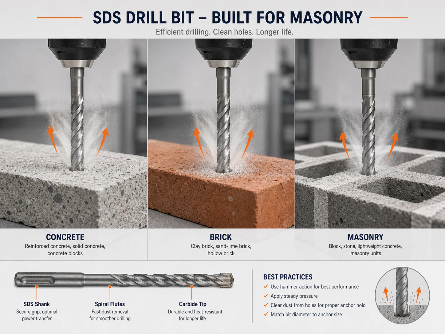 SDS drill bit drilling concrete brick and masonry samples with dust evacuation