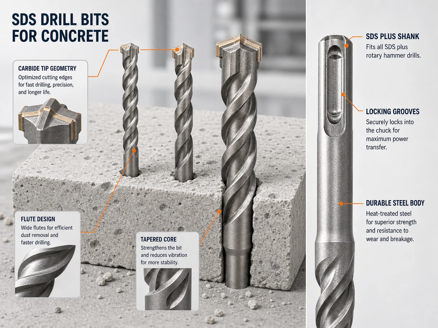 SDS drill bit concrete carbide tip flute and shank comparison
