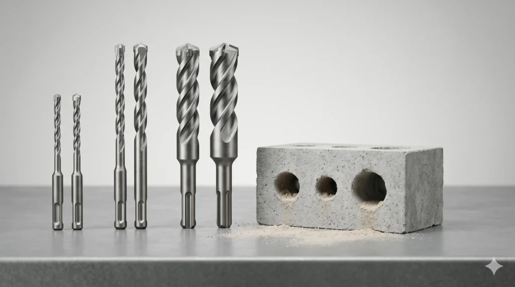 SDS drill bits for concrete shown with concrete block and drilled holes for masonry bit selection