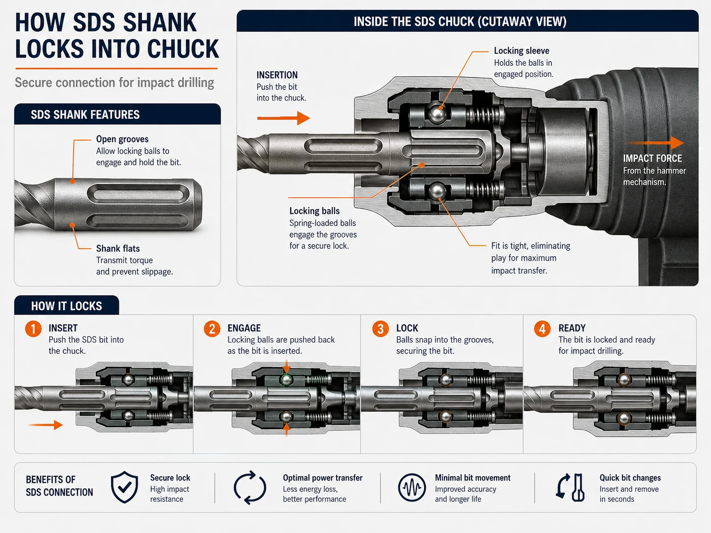 SDS drill bit shank locking system with chuck mechanism grooves locking slots and impact direction