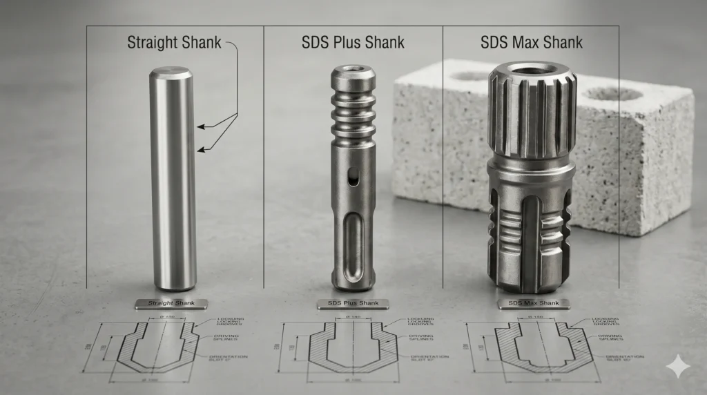 Straight shank SDS Plus and SDS Max drill shanks compared side by side