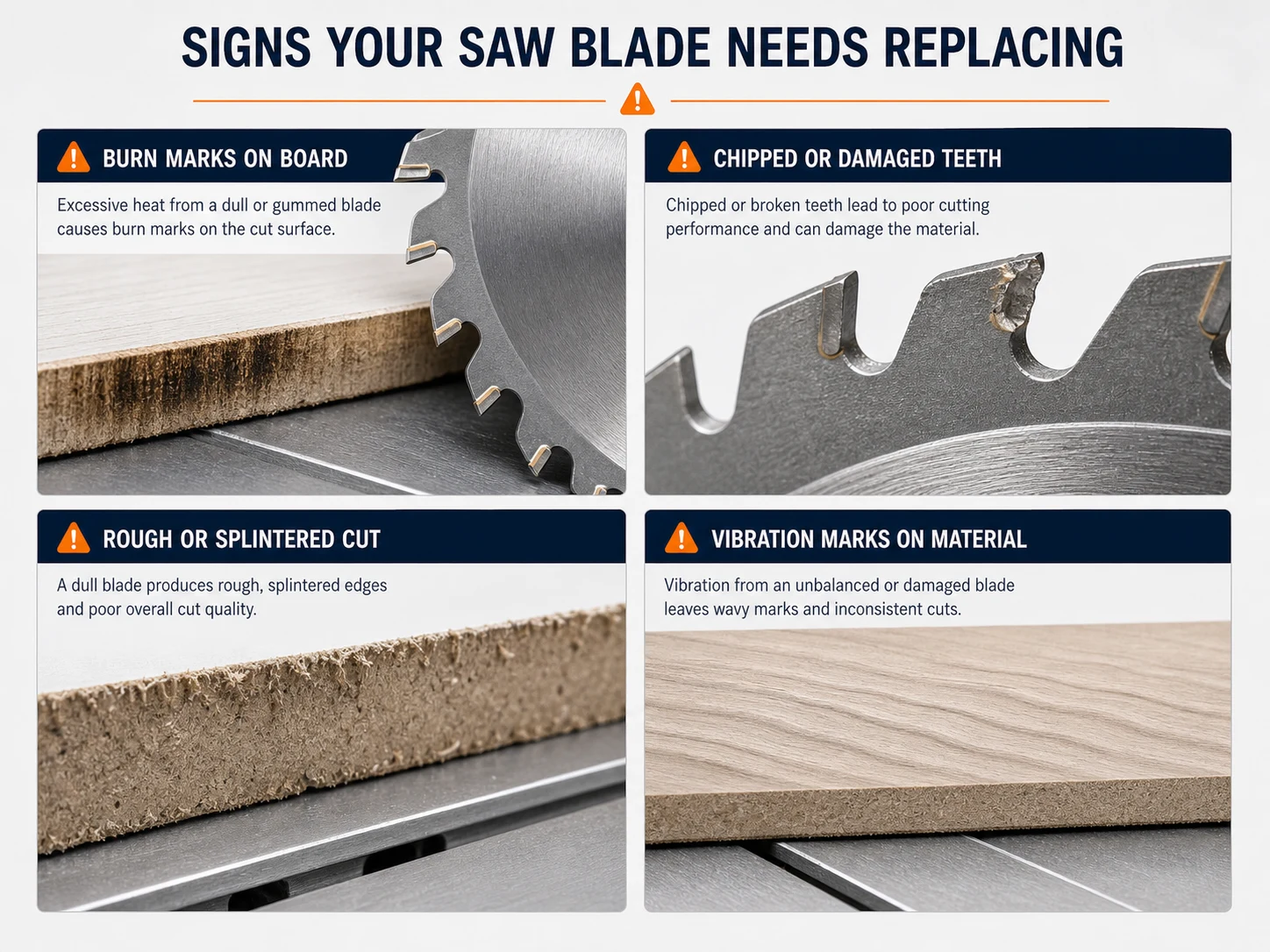 Signs saw blade needs replacing including burn marks chipped tooth rough cut edge and vibration marks