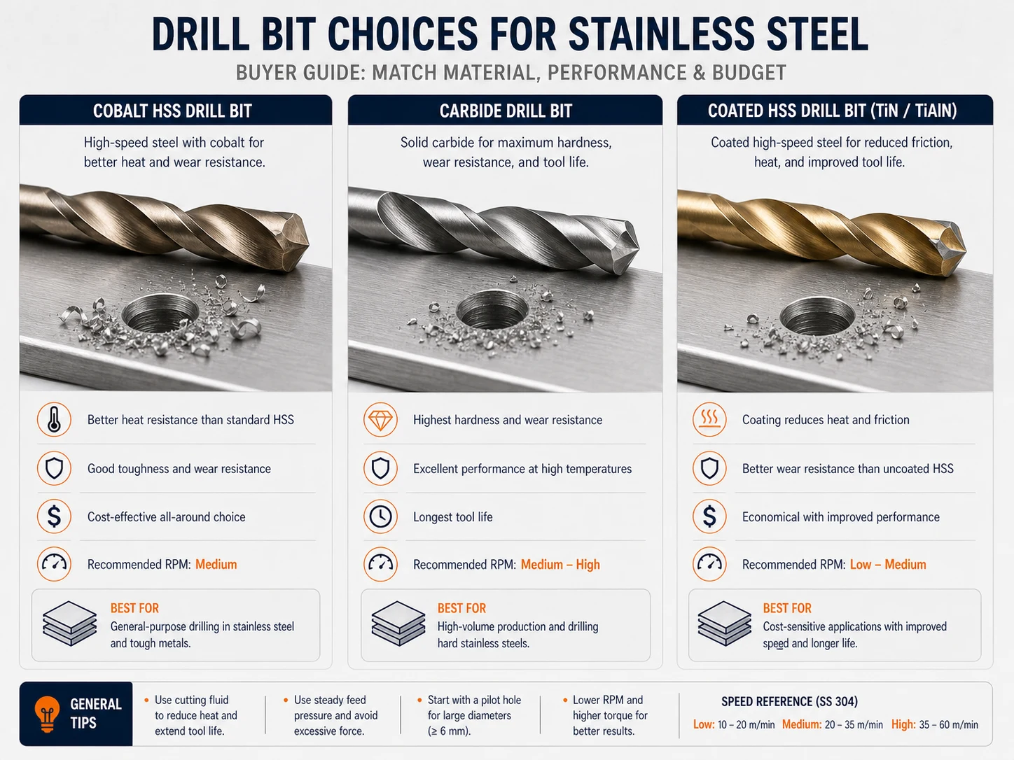 Cobalt carbide and coated HSS drill bits for stainless steel drilling selection