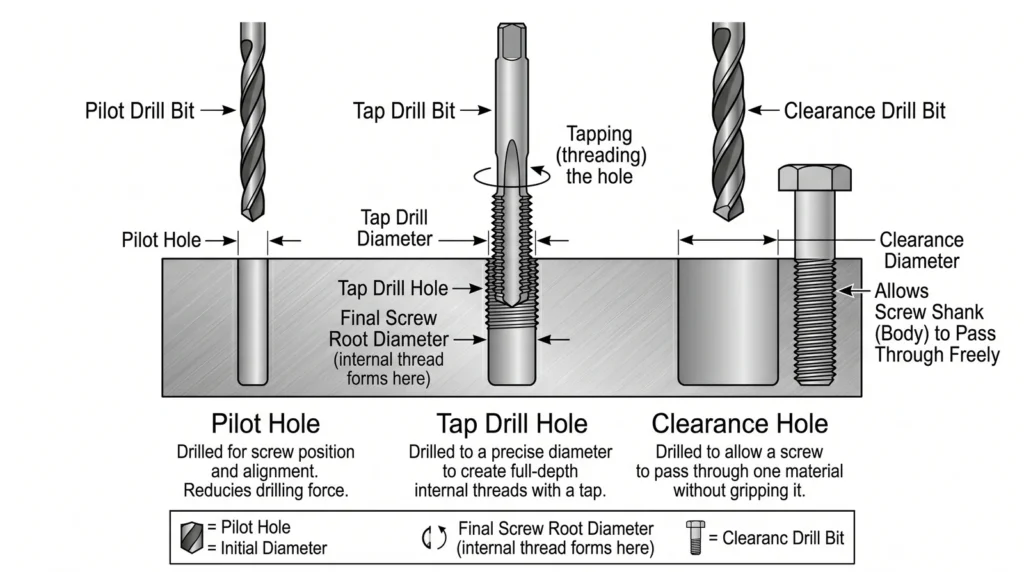 Technical diagram explaining pilot hole tap drill hole and clearance hole for drill bit size selection