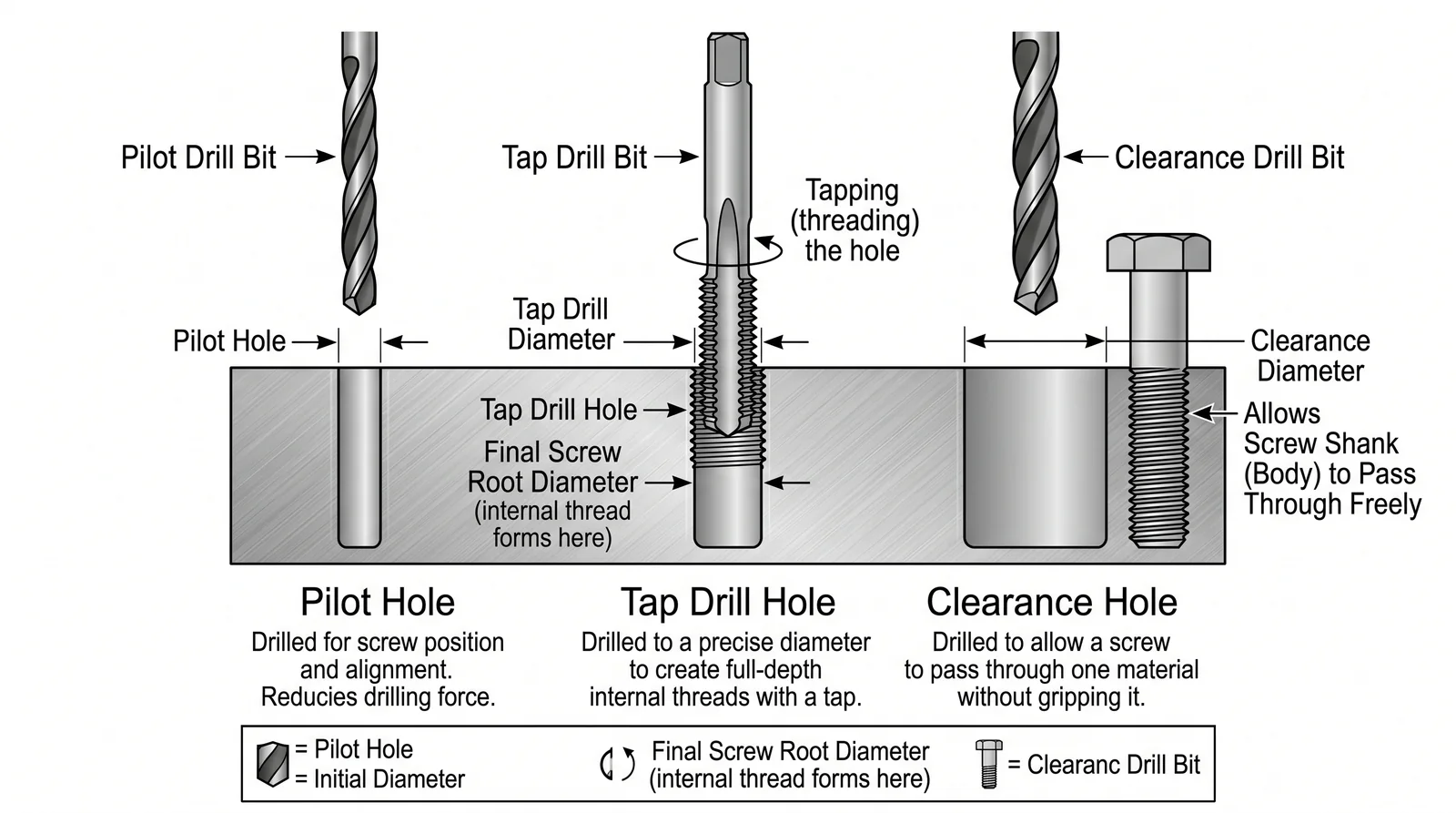 Technical diagram explaining pilot hole tap drill hole and clearance hole for drill bit size selection