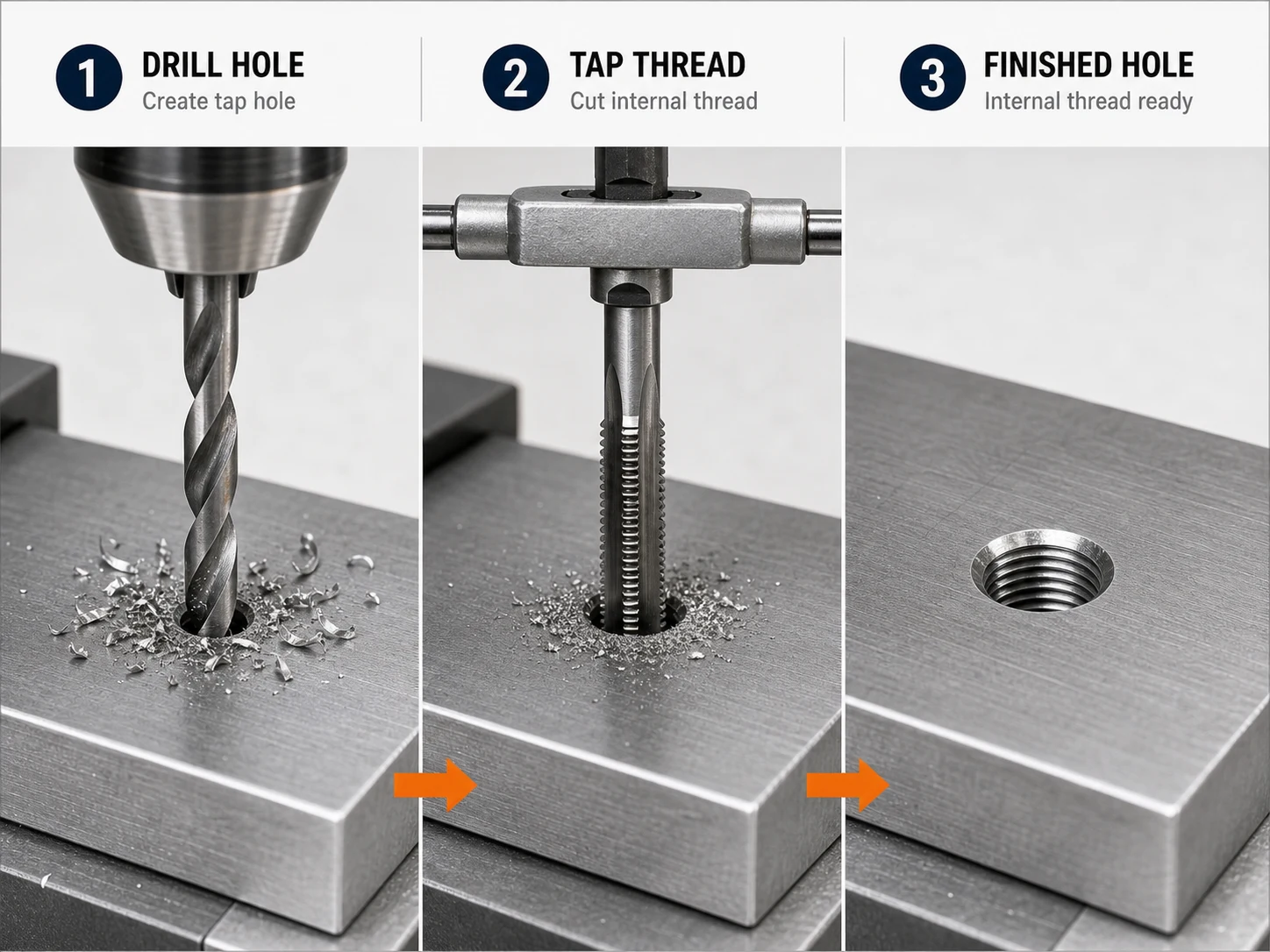 Tap drill hole threading process showing drilling tapping internal thread and finished threaded hole